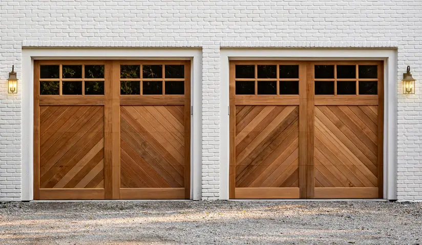 A garage with an entrance and two double doors