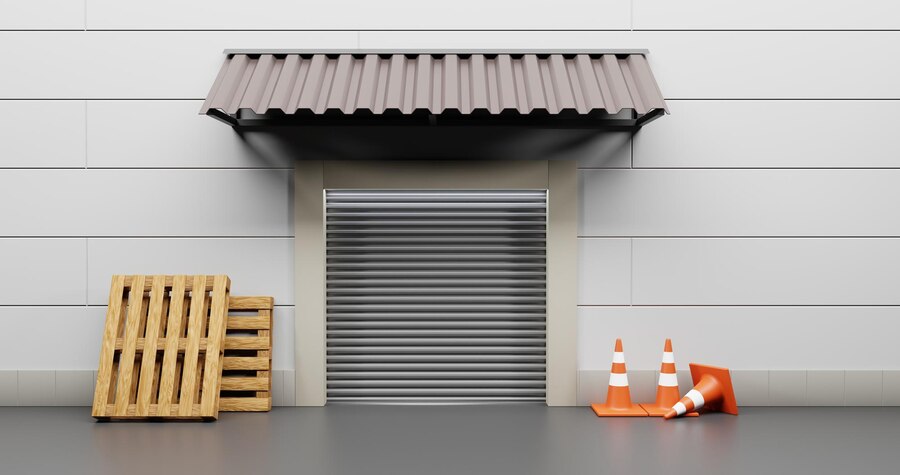 warehouse-service-entrance-with-closed-rolling-shutter-wooden-pallets-traffic-cones-realistic-storage-gate-store-factory-storehouse-exterior-with-metal-automatic-door-awning-wall_645257-81